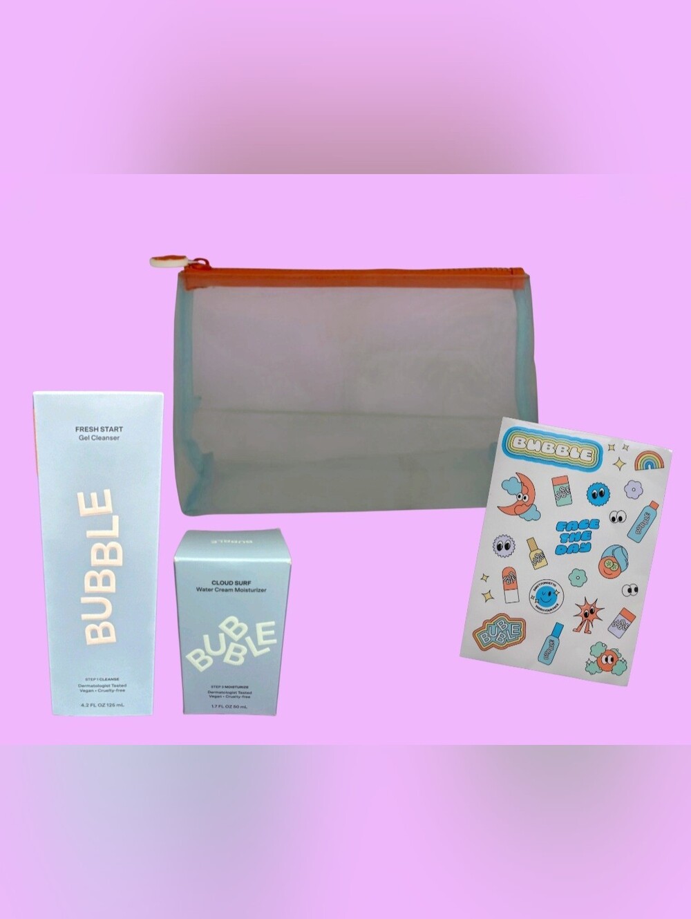 NIB BUBBLE SKIN CARE SET CLEANSER, MOISTURIZER, STICKERS & MESS ZIPPER POUCH